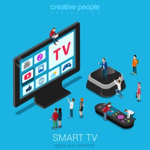 Smart online internet ip tv flat 3d web isometric infographic. Next generation IPTV television. Micro people crowd hyper trophic screen set top box remote controller. Creative technology collection.